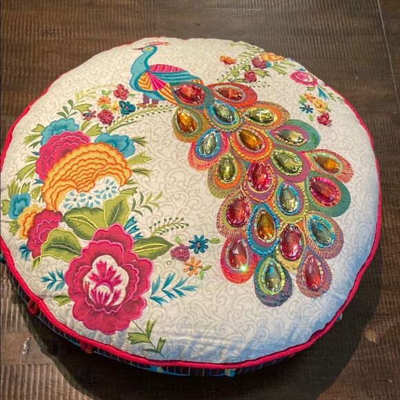 Embroidered and jeweled Peacock Circle Pillow Cushion with Multicolor Design - Picture 1 of 7
